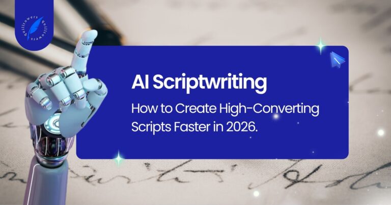 Graphic showing AI scriptwriting workflow for 2026, featuring digital interfaces for content creation and high-converting video script optimization